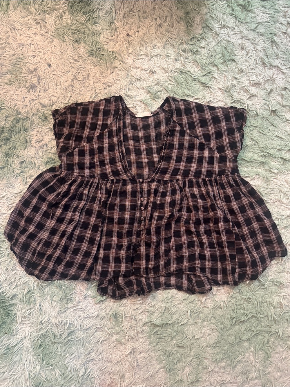 Plaid Button-Front Peplum Blouse in Black and Pink